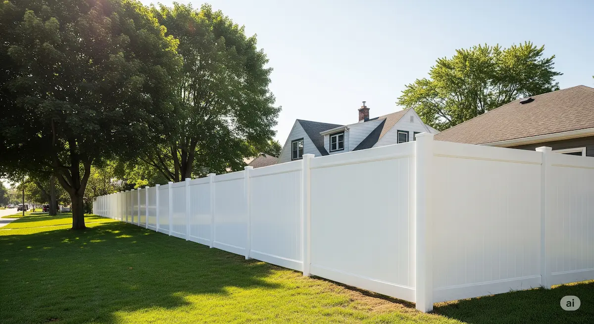 A recently installed white vinyl fence in a Buffalo, NY residential setting.
