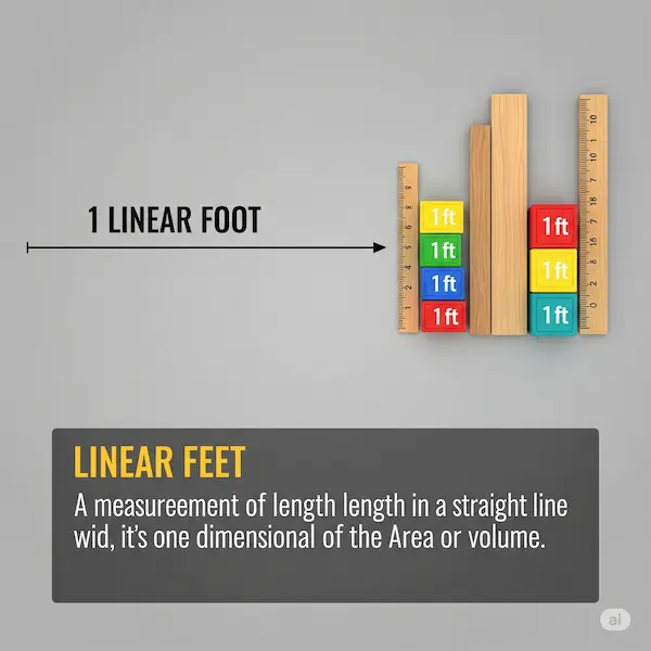 An illustration of "1 Linear Foot" with smaller objects measuring a foot in length, visually depicting the concept of measuring length along a straight line.