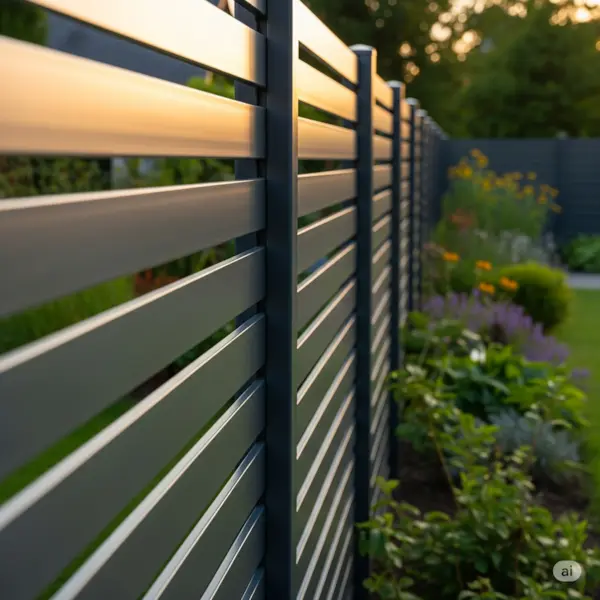 A modern aluminum fence with horizontal slats in a dark gray finish, set against a lush green garden.