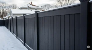 A durable, weatherproof fence stands firm in a Buffalo, NY, backyard during winter, with snow on the ground and on the top of the fence.