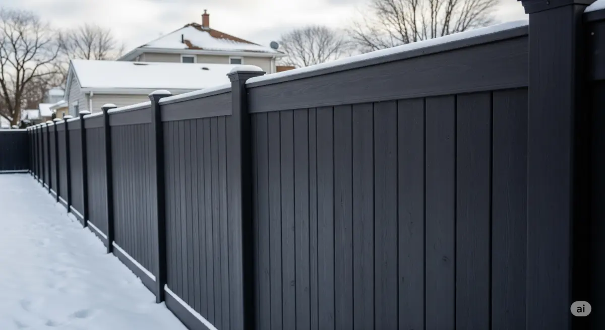 A durable, weatherproof fence stands firm in a Buffalo, NY, backyard during winter, with snow on the ground and on the top of the fence.