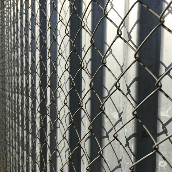 A close-up of a chain-link and galvanized fence, highlighting the textures of the materials.