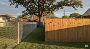 A side-by-side comparison of a galvanized chain-link fence and a wooden privacy fence in a residential backyard.