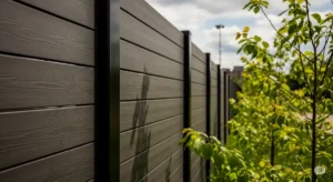 A modern composite fence with a wood-like finish in a natural, green setting.