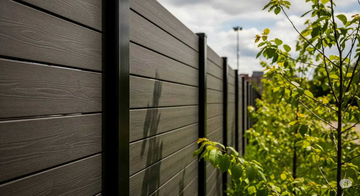 A modern composite fence with a wood-like finish in a natural, green setting.
