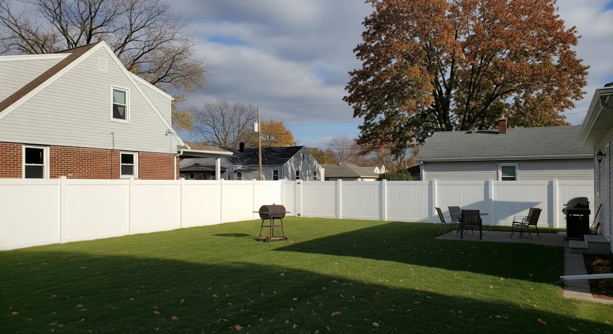 A newly installed white vinyl fence in a residential backyard in Buffalo, NY.