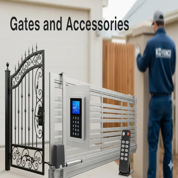 Gates and accessories. Shows a variety of gates and accessories, including a swing gate, a sliding gate, a keypad, and a remote control.
