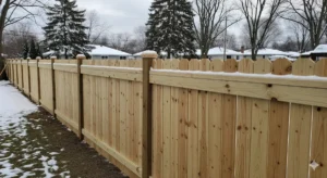 A newly installed wooden fence in a snowy, suburban backyard in Buffalo, NY.