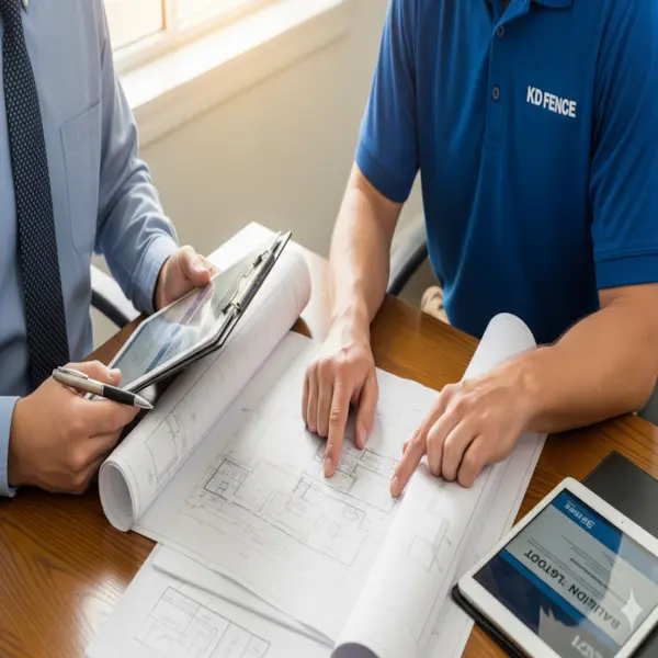 Local regulations and permitting. Shows a KD Fence worker and a city official reviewing blueprints and building codes.