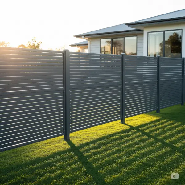 A modern metal fence with sleek, horizontal slats in a dark gray finish.