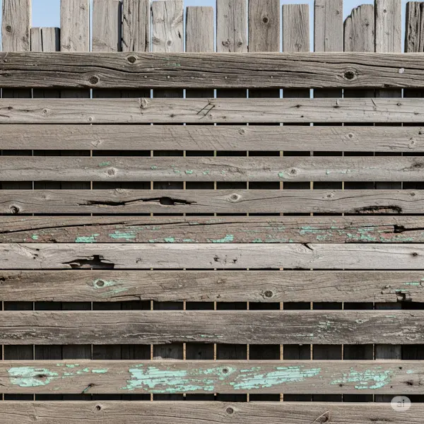 A detailed 1:1 image of a fence made from reclaimed wood planks with a weathered, rustic appearance.