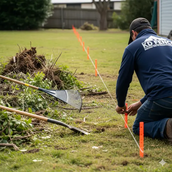 Site preparation for fence installation. Shows a KD Fence worker using a string line and stakes to mark the fence line and clear the area.