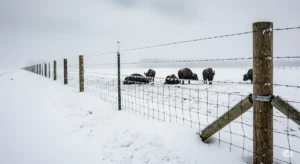 A sturdy fence, featuring a mix of woven wire and wooden posts, stands firm against a blizzard in a snow-covered landscape.