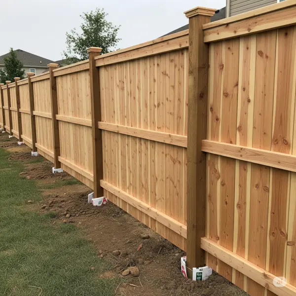 A newly installed wood fence with clean lines and uniform pickets.