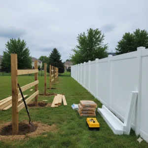 Professional fence installer installing a backyard fence in Amherst, NY with proper tools and technique.