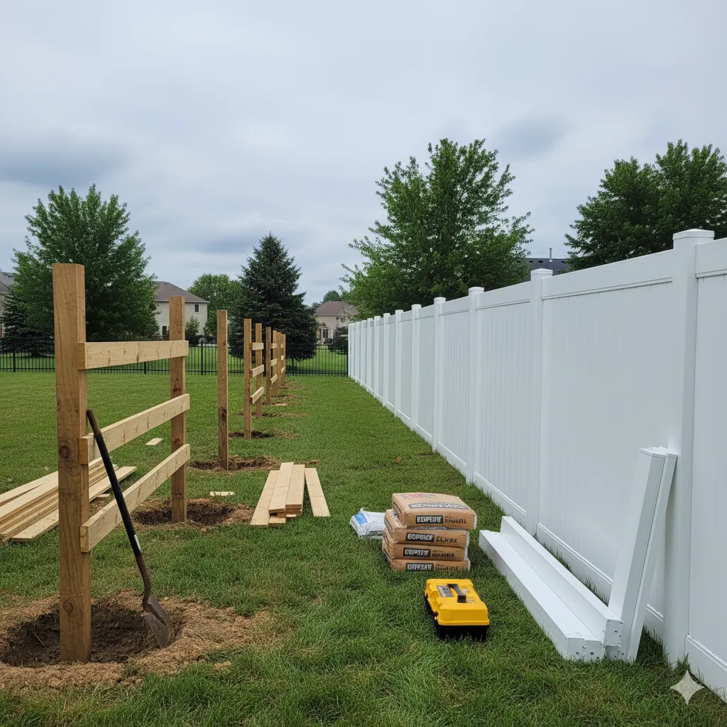 Professional fence installer installing a backyard fence in Amherst, NY with proper tools and technique.