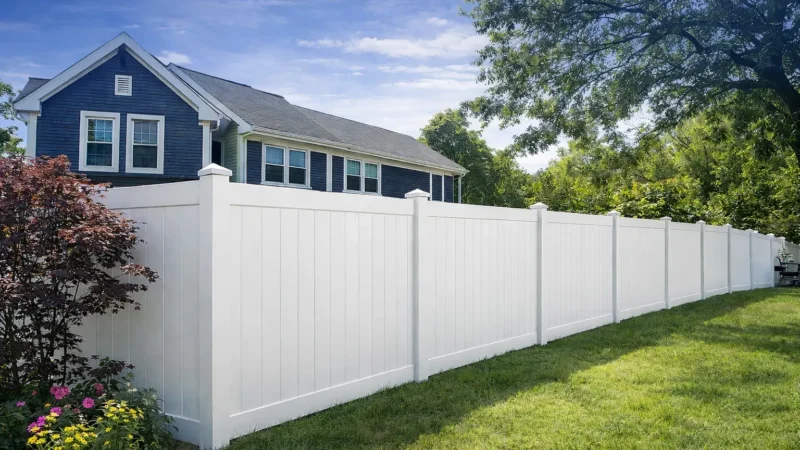 White vinyl privacy fence installed at a residential home in Amherst, NY