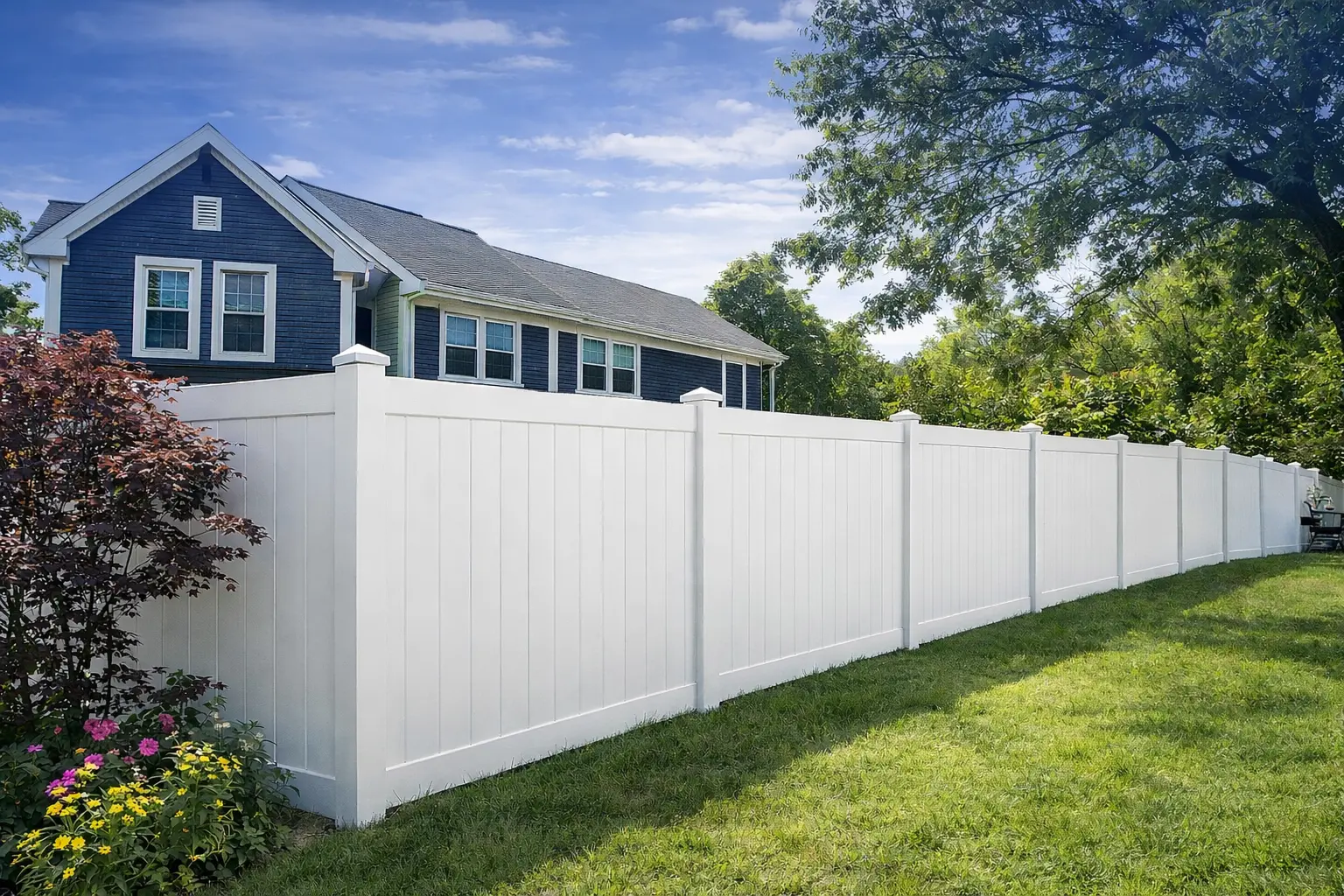White vinyl privacy fence installed at a residential home in Amherst, NY